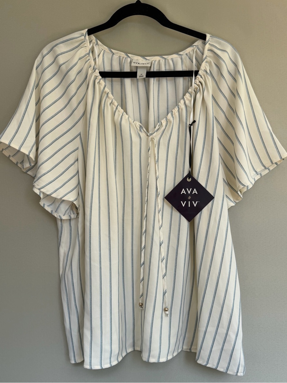 Ava & Viv Cream Blouse with Blue Stripes and Tie Neck